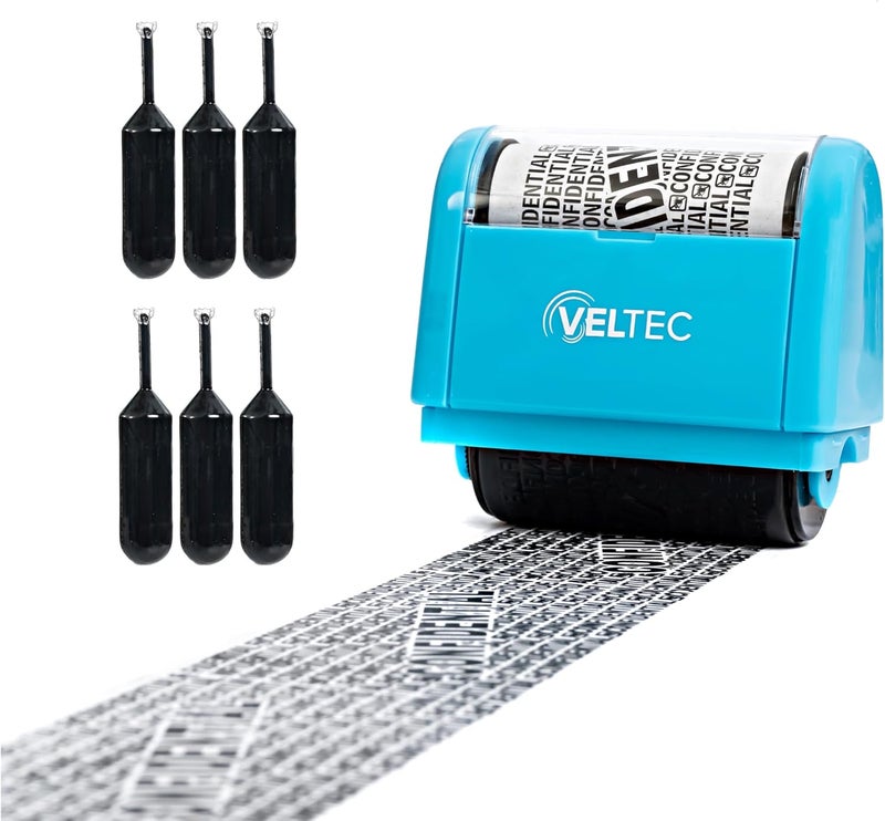 Veltec ID Protector Ink Roller - Identity Theft Protection Roller Stamp Set (Blue, Stamp+6 Refills) - Image 1